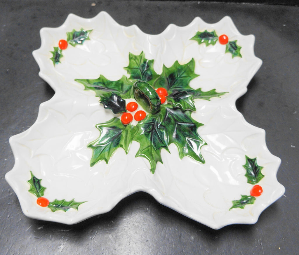 Lefton White Holly Berry 4 Part Relish Tray Center Handle