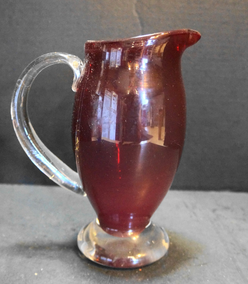 Deep Ruby Red Art Glass Blown Pitcher Vase Clear Applied Handle Foot