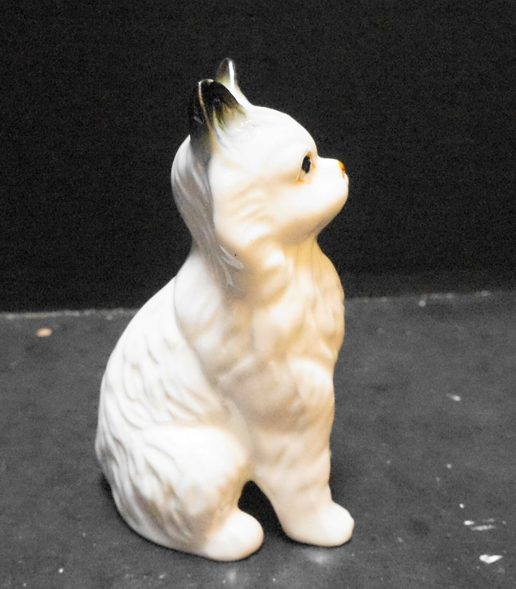 Porcelain Cat Figurine White Black Ears and Tail