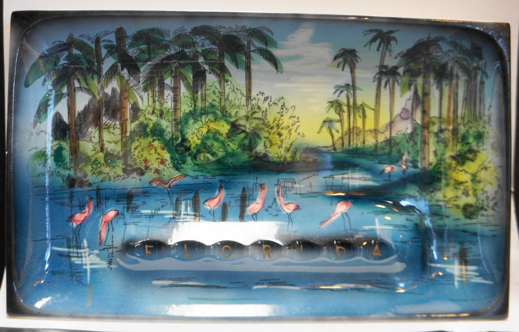 Flamingos Palm Trees Florida Souvenir Ceramic Ashtray MCM