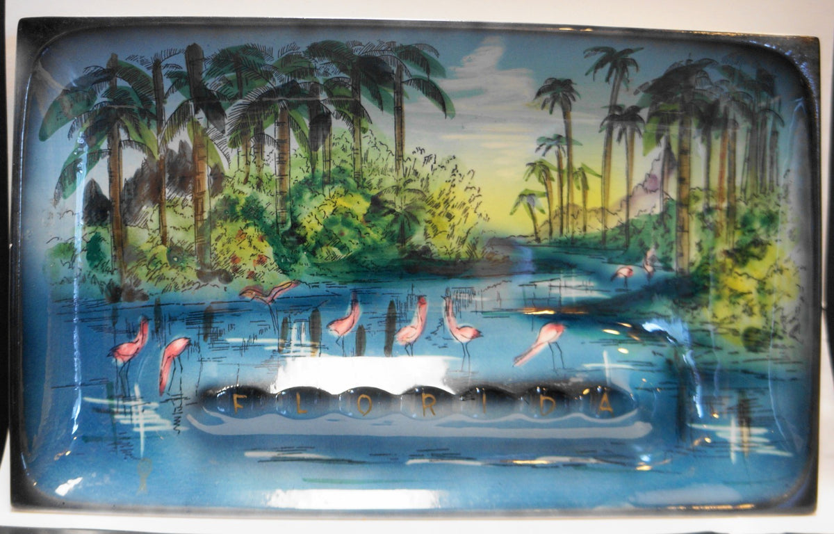 Flamingos Palm Trees Florida Souvenir Ceramic Ashtray MCM