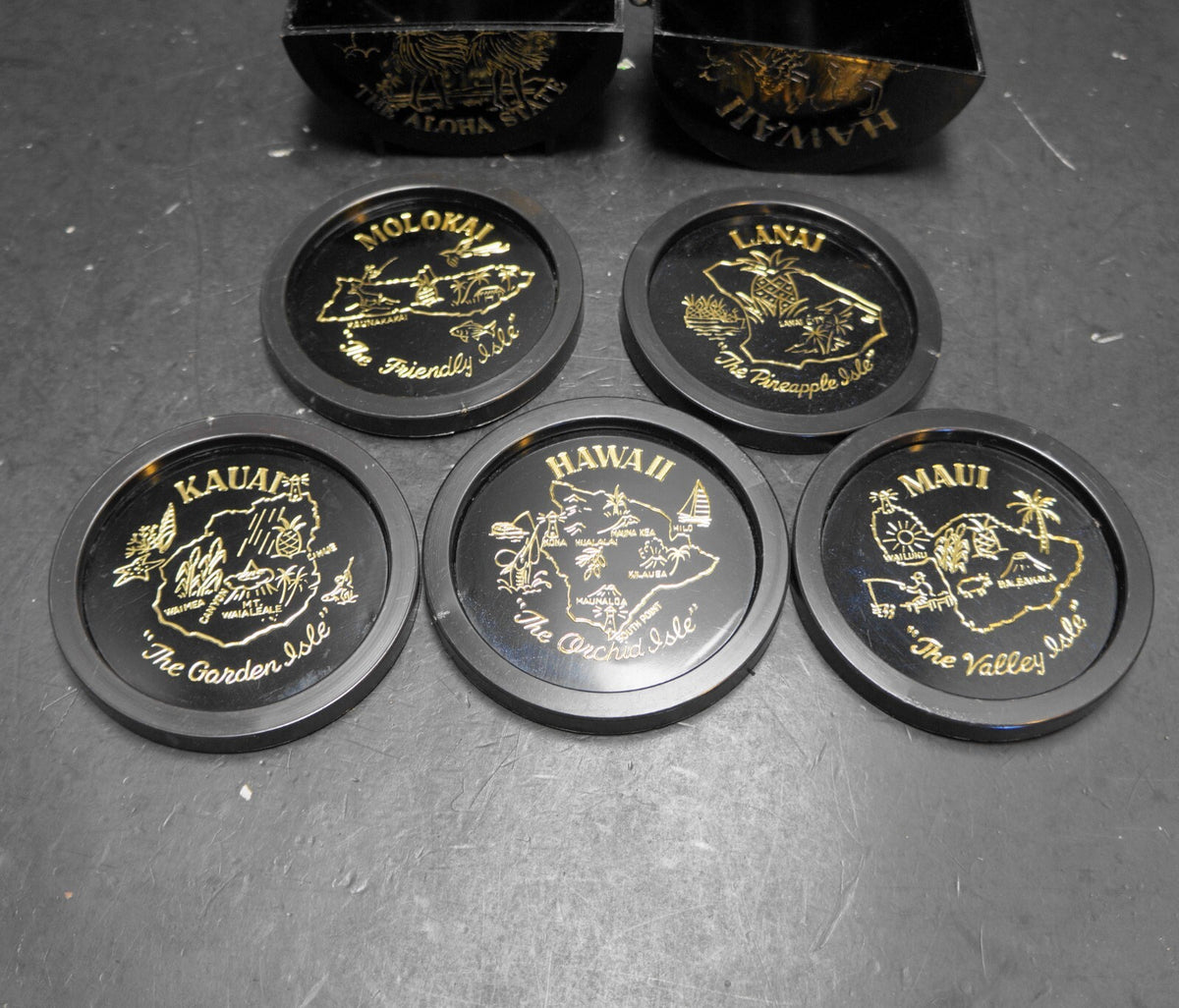 Hawaii Black Plastic Coaster Set Vintage 1960s