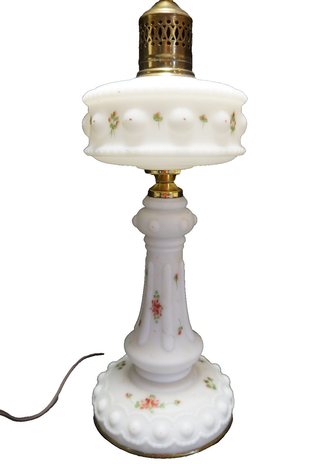Satin Milk Glass Electric Table Lamp Hand Painted Roses