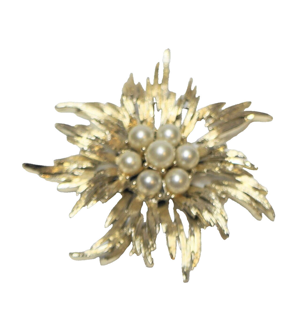 Lisner Flower Brooch Brushed Gold Tone Faux Pearls