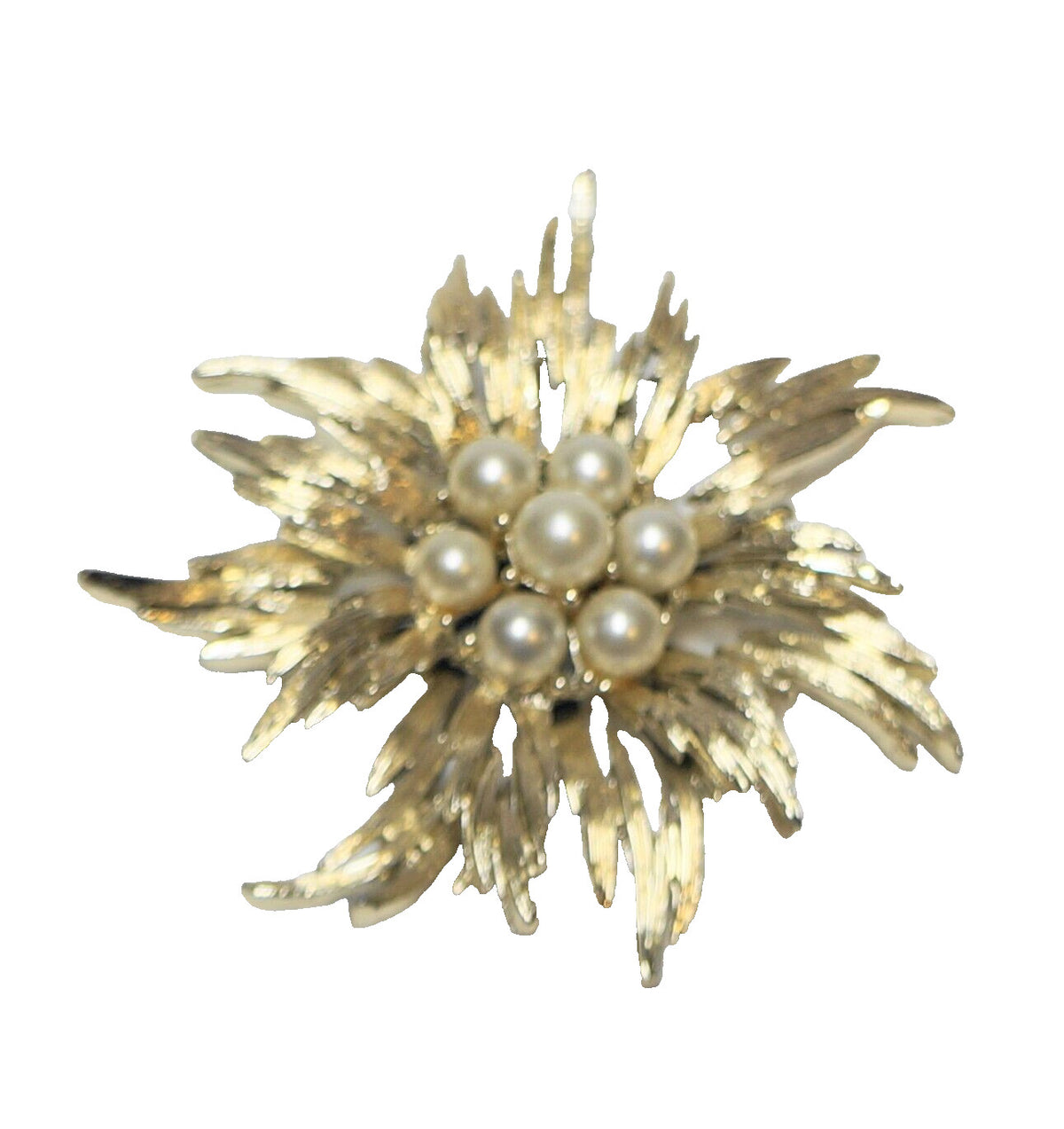 Lisner Flower Brooch Brushed Gold Tone Faux Pearls