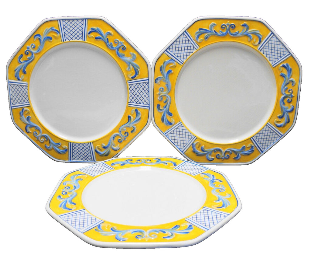 Fitz and Floyd Ricamo Trattoria Dinner Plates Set of 3 Yellow Blue