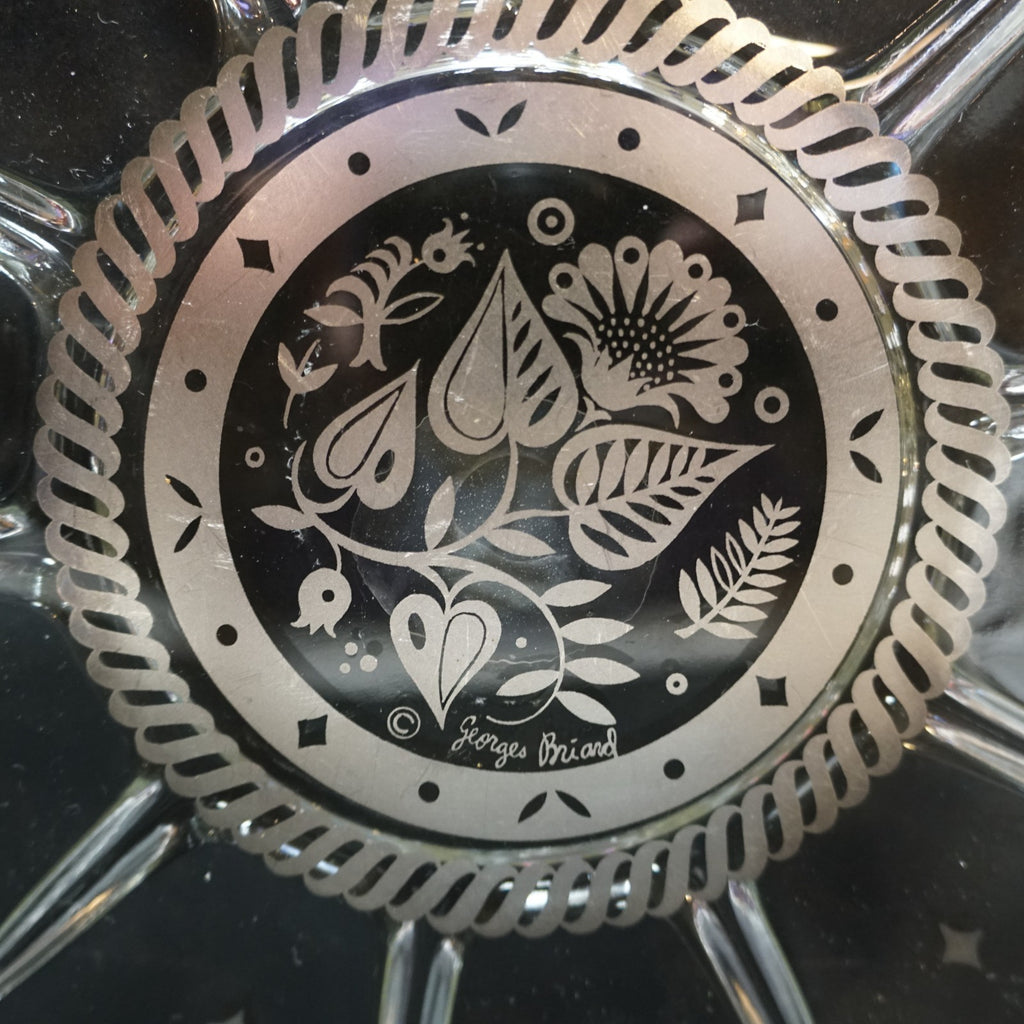 Georges Briard Signed Sterling Silver Overlay Silver Damask Design Glass Tray