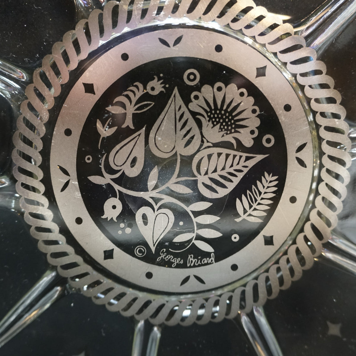 Georges Briard Signed Sterling Silver Overlay Silver Damask Design Glass Tray