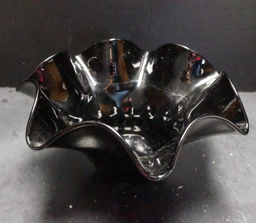 Black Art Glass Ruffle Rim Bowl 9 5/8" x 5 1/2"