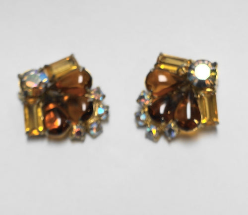 Amber Topaz Aurora Borealis Rhinestone Clip Earrings