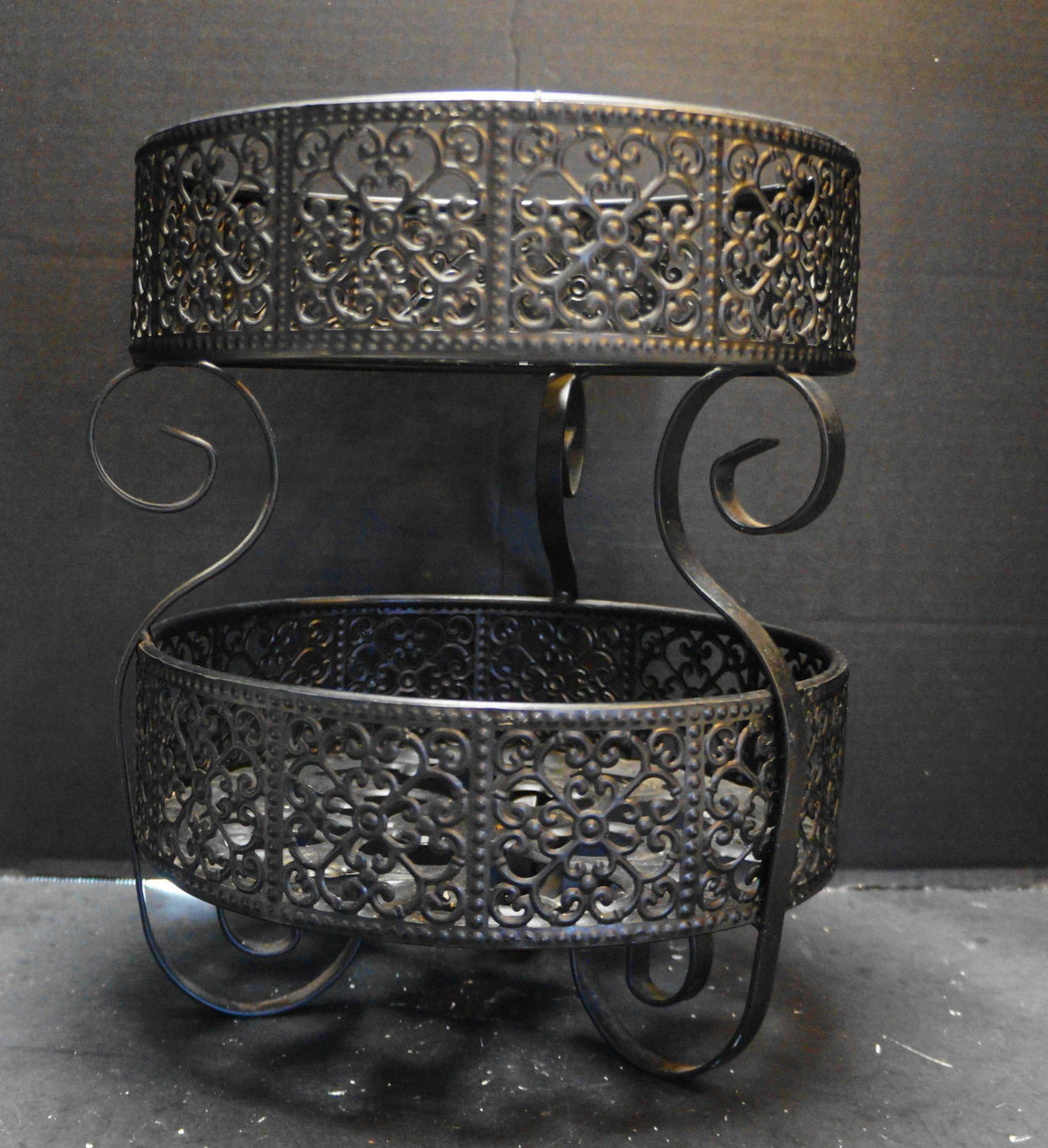 Black Metal Filigree Old World Spanish Style Two Tier Fruit Basket Plant Stand