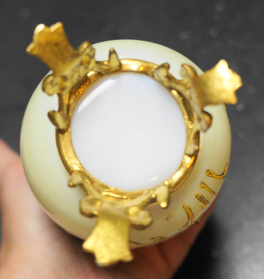 Hand Painted Opal Milk Glass Egg Rust Fade Transfer Portraits Gold Trim Box