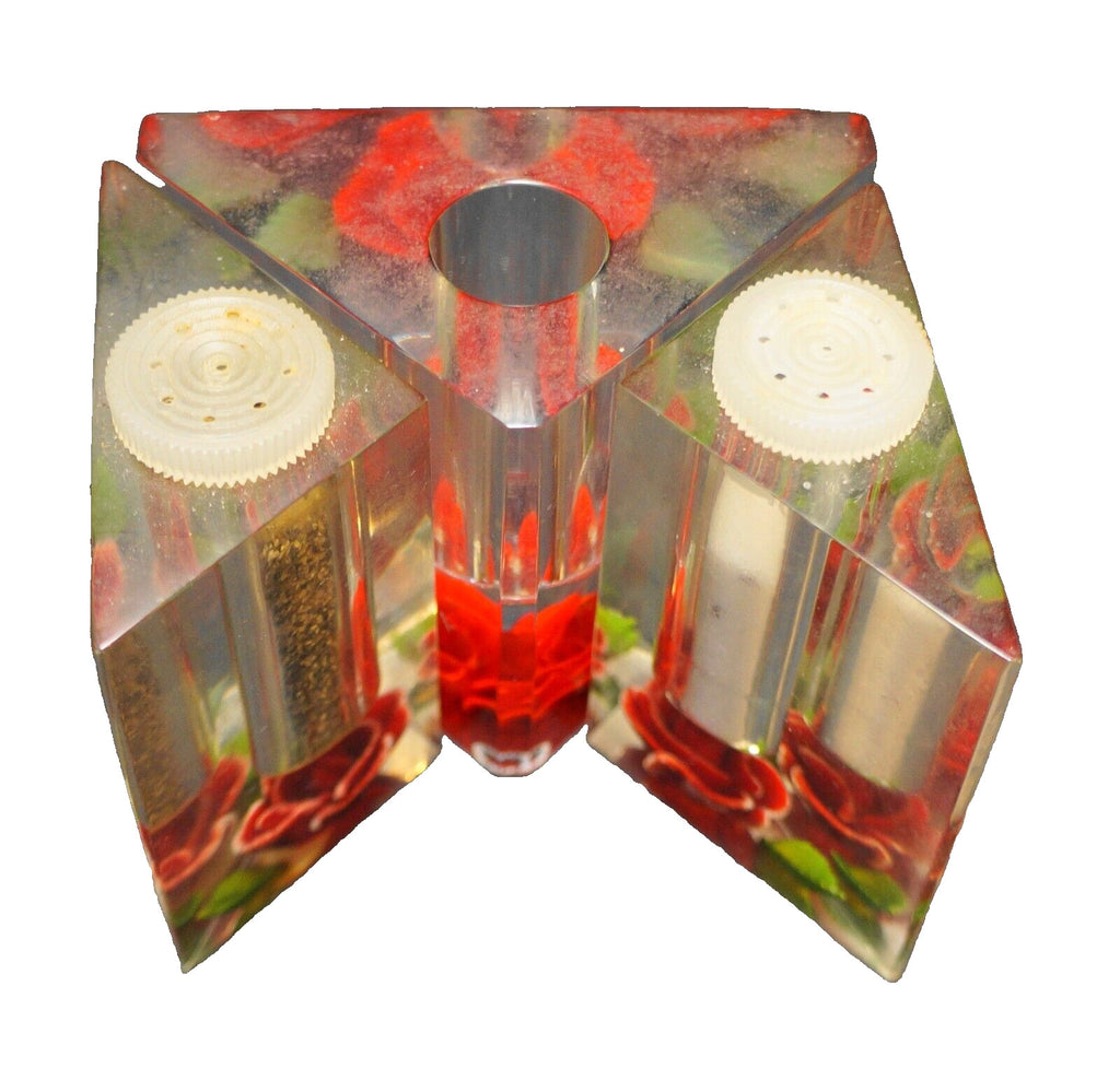 Bircraft Lucite Carved Rose Salt Pepper Shakers Single Candle Holder