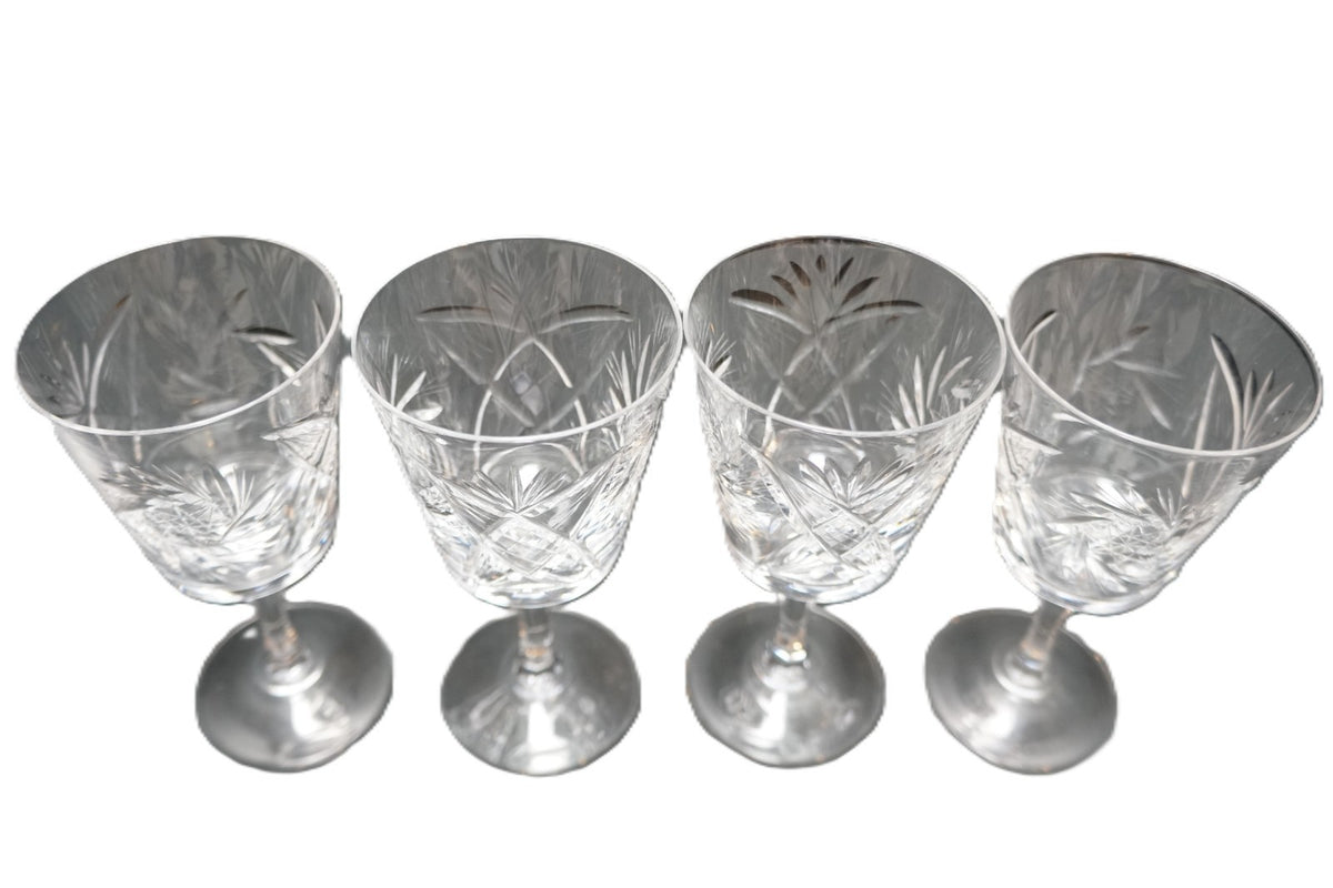 Bohemian Hand Cut Crystal Pinwheel Star Fan Cross White Wines Set of 4