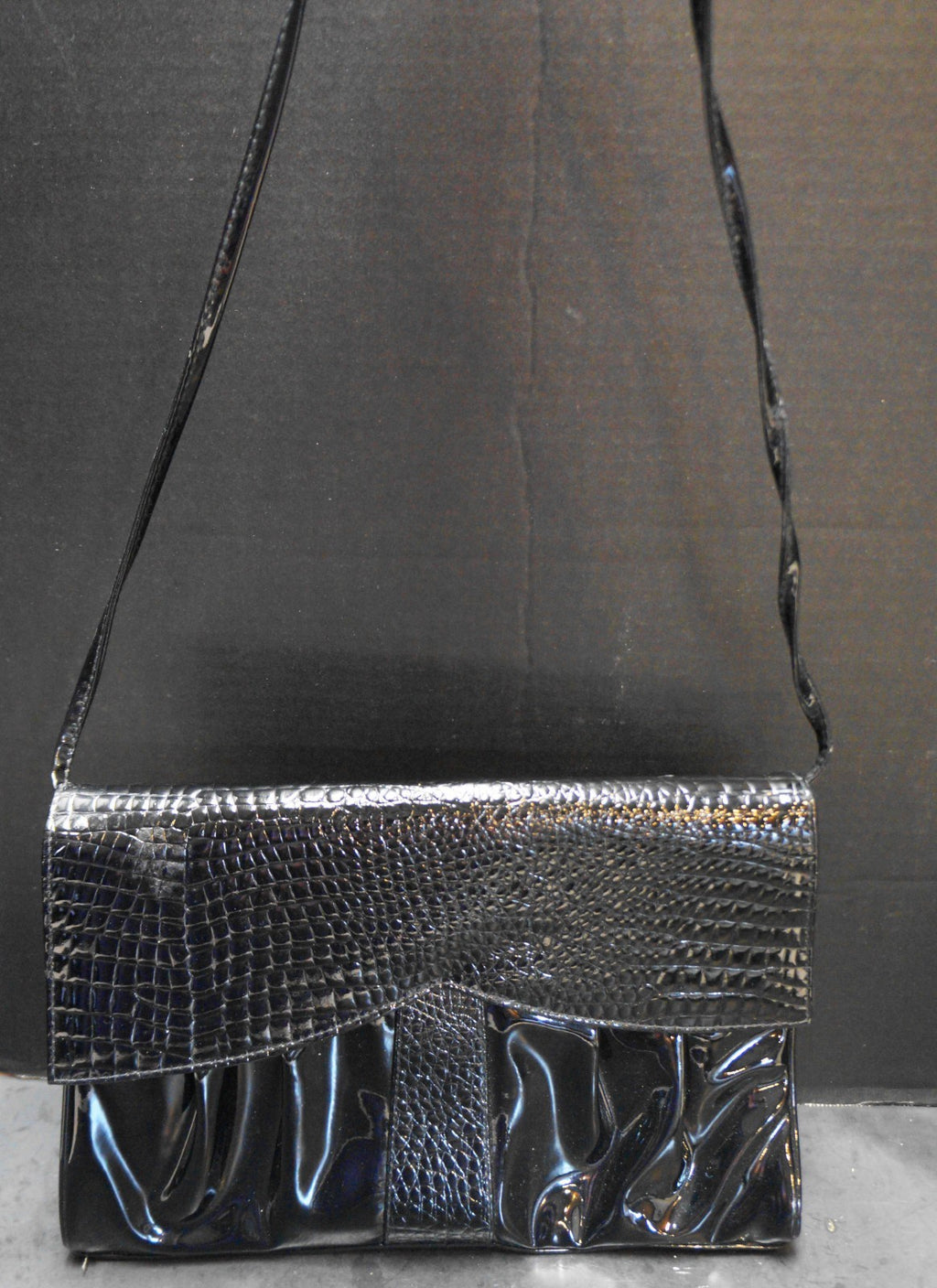 Black Patent Vinyl Moc Croc Envelope Style Purse Shoulder Bag