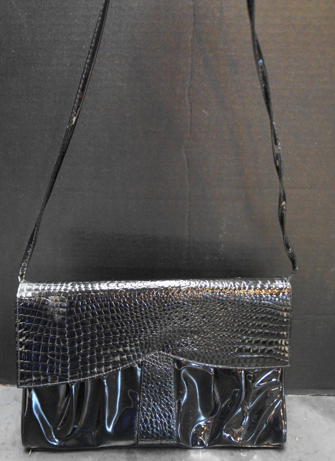 Black Patent Vinyl Moc Croc Envelope Style Purse Shoulder Bag