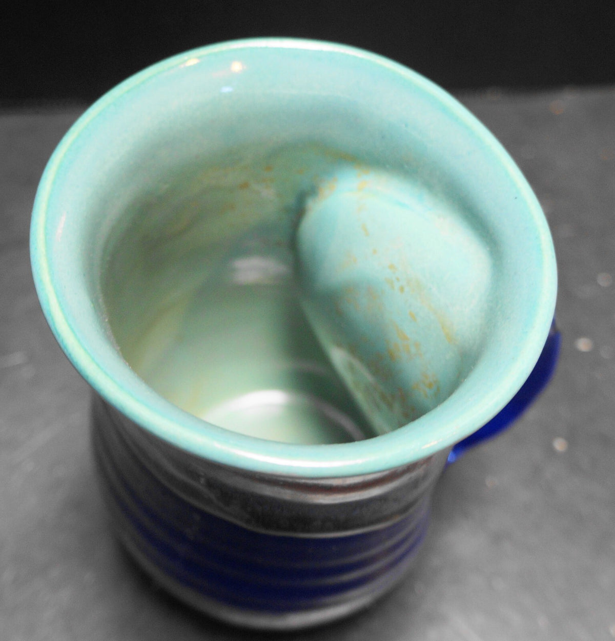 Neher Pottery Hand Warmer Mug Cobalt Blue Teal Drip Glaze 2010