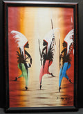 African or Haitian Original Oil Painting Signed P Mutua 81 Warriors Dancing 18 x
