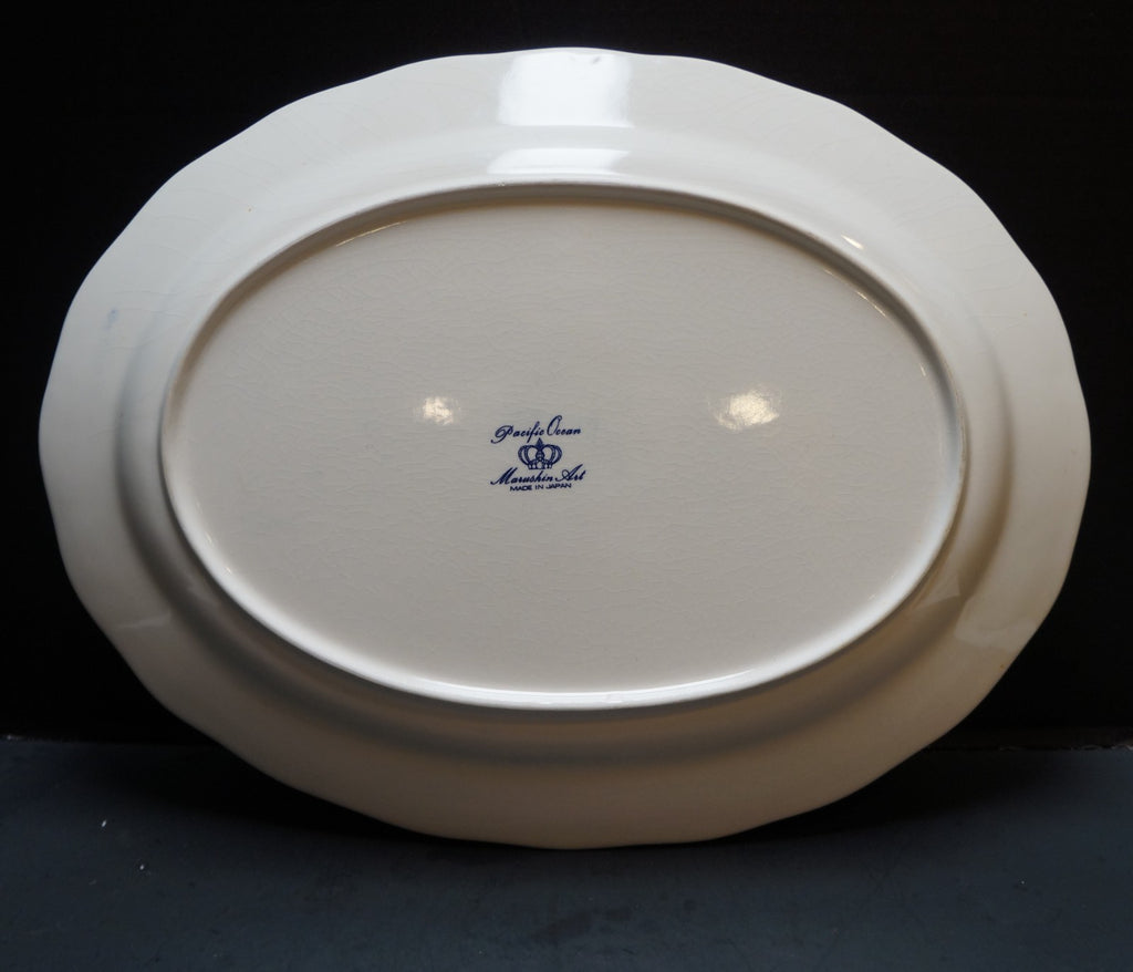 Marushin Pacific Ocean Blue Transferware Village Scene Hot Air Balloon Platter