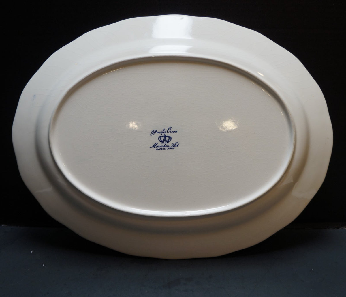 Marushin Pacific Ocean Blue Transferware Village Scene Hot Air Balloon Platter