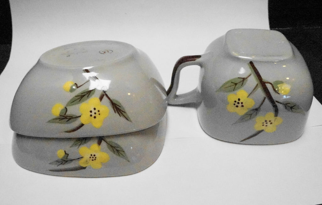 Weil Ware Blossom Gray Yellow Flowers Cup Bowls 3 Pieces