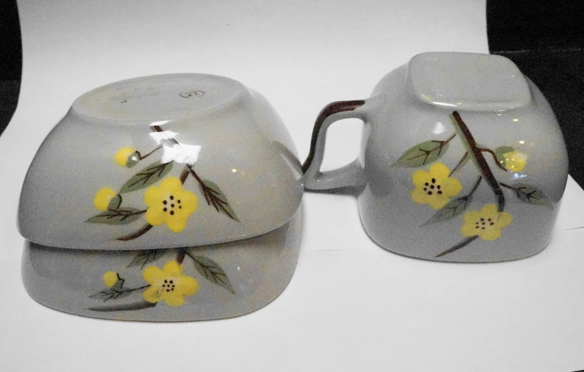 Weil Ware Blossom Gray Yellow Flowers Cup Bowls 3 Pieces