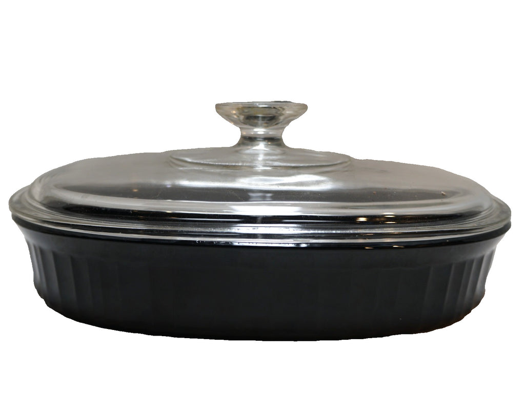 Corning Classic French Black F-6-B Oval Divided Casserole Pan WIth Lid 11 IN