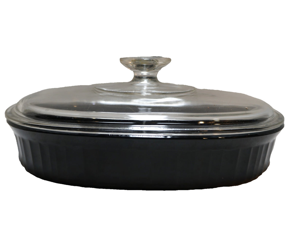 Corning Classic French Black F-6-B Oval Divided Casserole Pan WIth Lid 11 IN