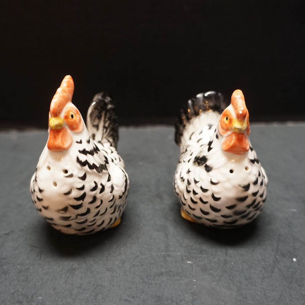 Otagiri Hand Painted Black White Red Rooster Hen Salt Pepper Shakers