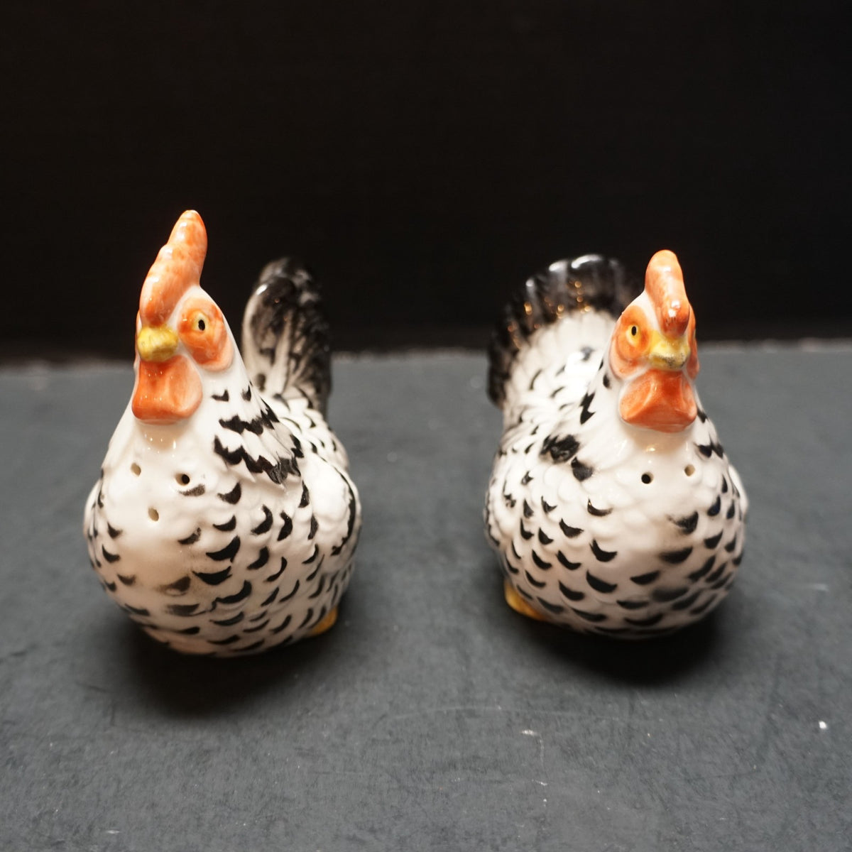 Otagiri Hand Painted Black White Red Rooster Hen Salt Pepper Shakers