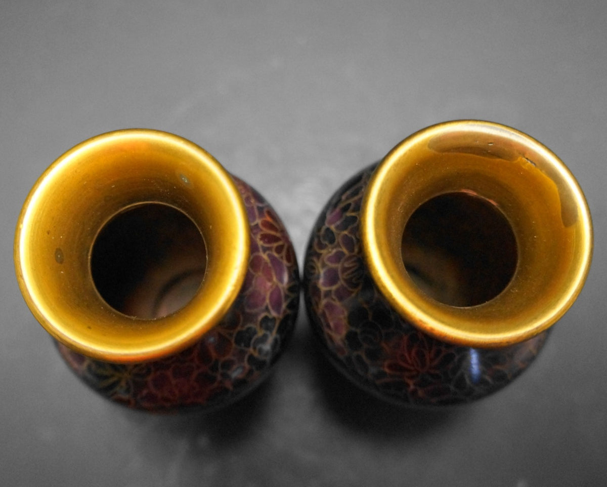 Jingfa Beijing Chinese Cloisonne Enamel on Brass Purple Black Vases Pair Small