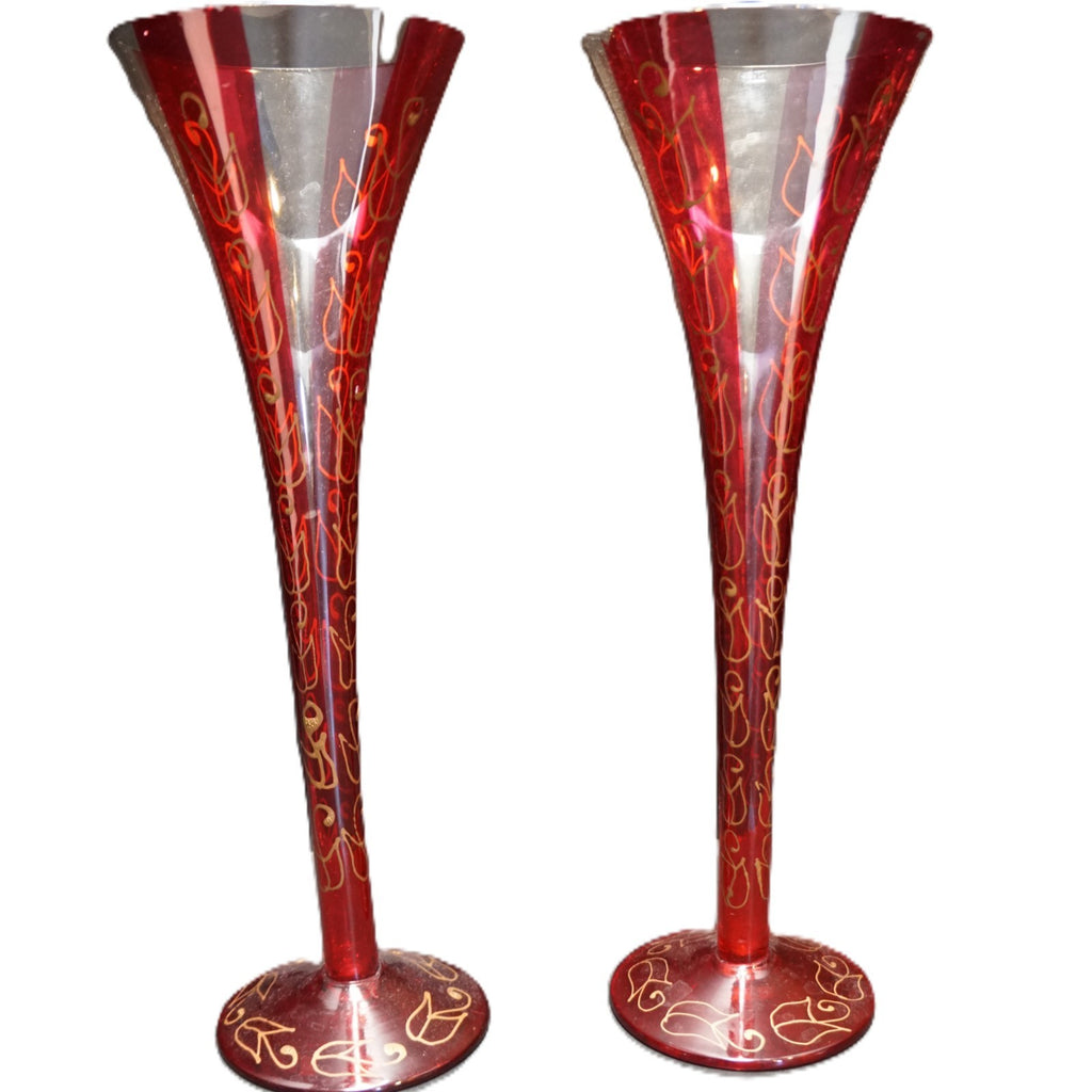 Pier 1 Rioja Hand Painted Red Flashed Gold Squiggles Champagne Flutes Pair