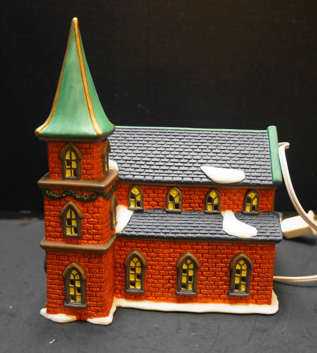 Galleria Red Brick Fine Porcelain Hand Painted Church Christmas Village Lamp