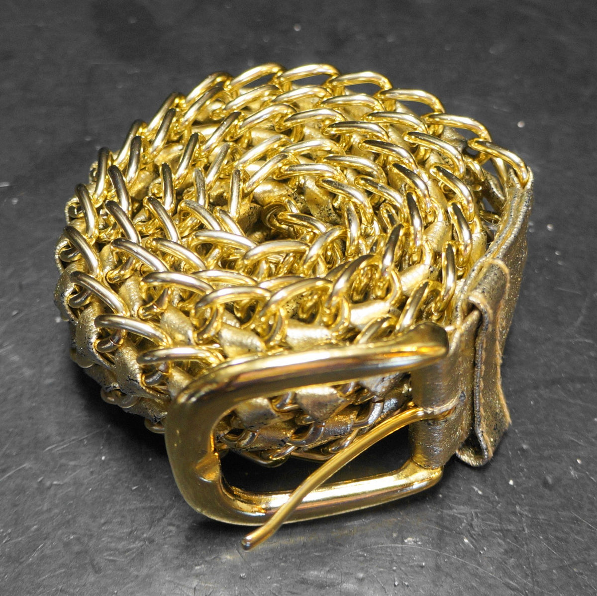 Gold Tone Metal Chain Woven Leather Women's Belt S/M