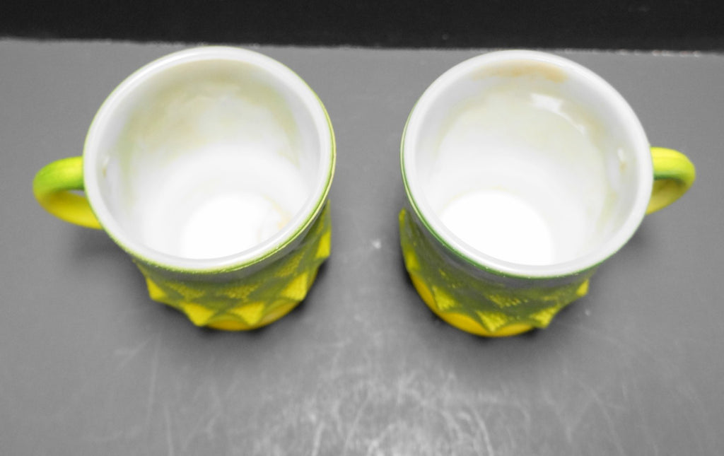Fire-King Kimberly Mugs Green Yellow Diamond Pane Pair