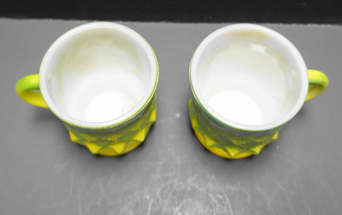 Fire-King Kimberly Mugs Green Yellow Diamond Pane Pair
