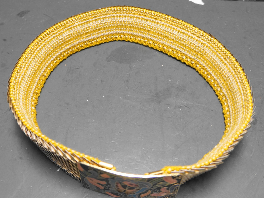 Cloisonne Buckle Butterfly Lotus Gold Tone Scale Stretch Belt 1980s Women 26 IN