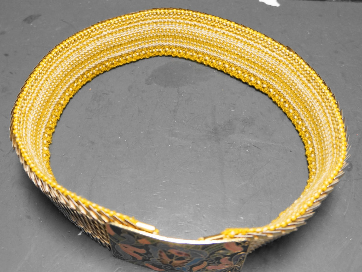 Cloisonne Buckle Butterfly Lotus Gold Tone Scale Stretch Belt 1980s Women 26 IN