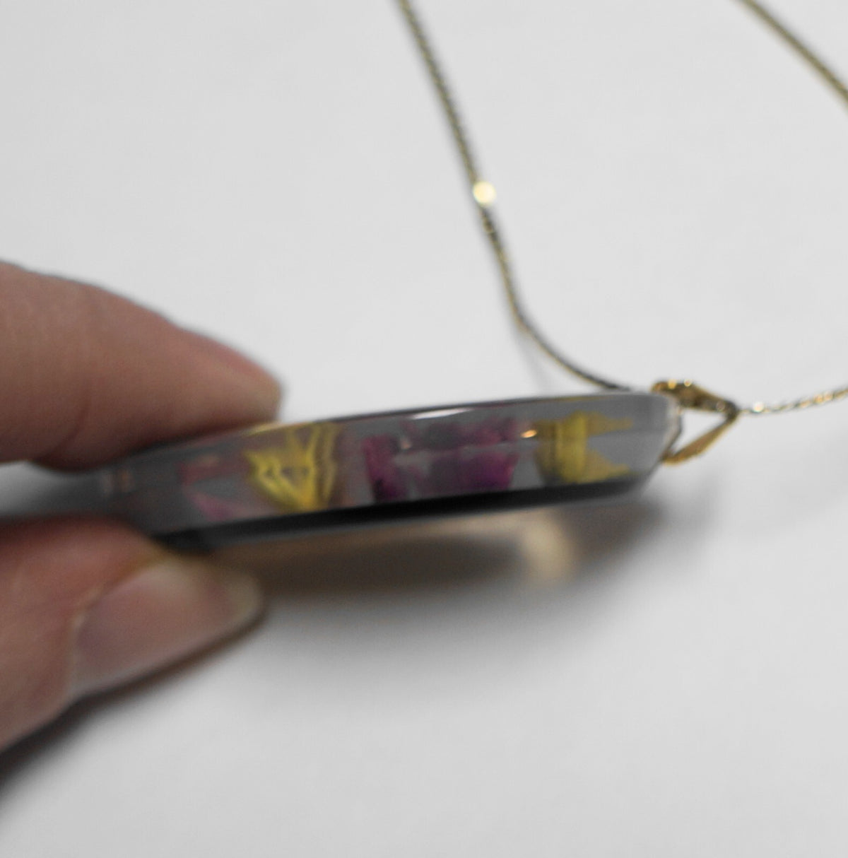 Reverse Carved Orchid Flower Lucite Oval Pendant Necklace