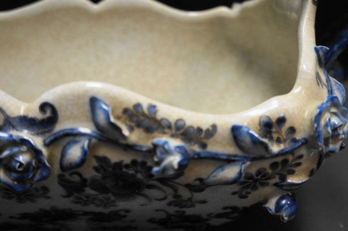 Blue White Rectangle Planter Embossed Flowers Crackle Glaze China