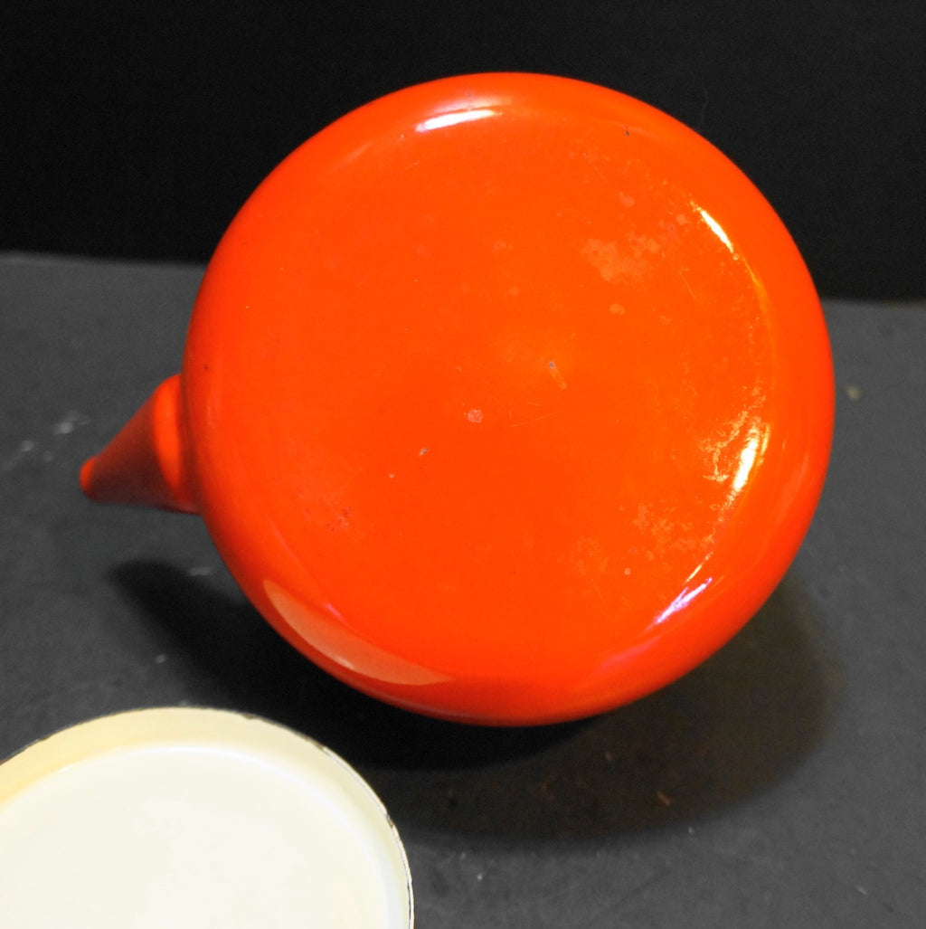 MCM Tomato Red Enamel Small Tea Kettle Tea Pot Pale Wood Handles