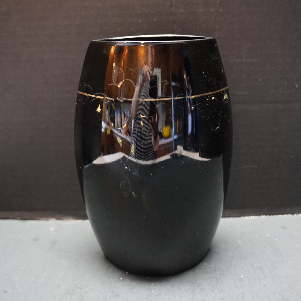 Paden City Black Ebony Glass Pillow Vase Faded Gold Decoration