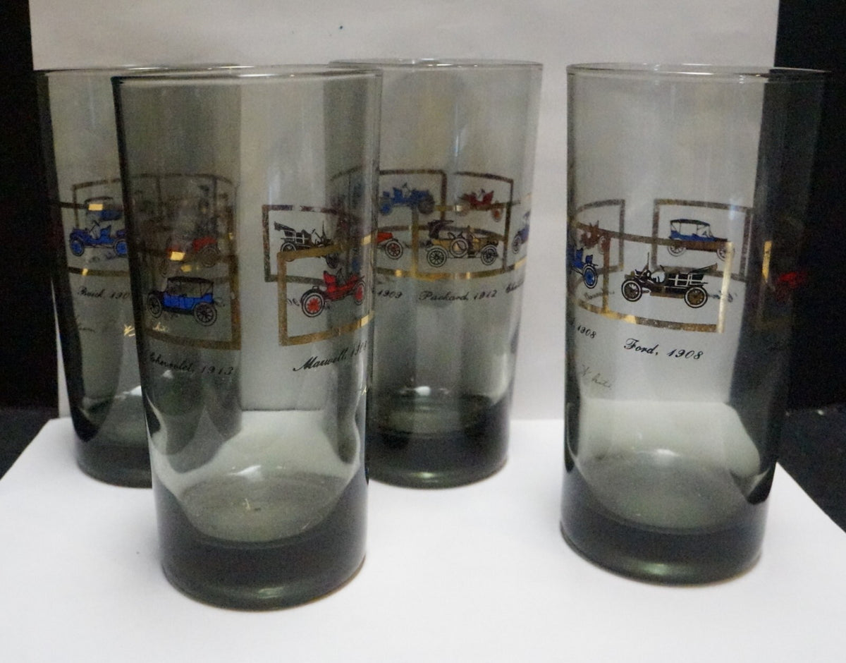 Antique Autos Pattern Smoke Gray Glass Tumblers Set of 4 Ford Hudson Packard