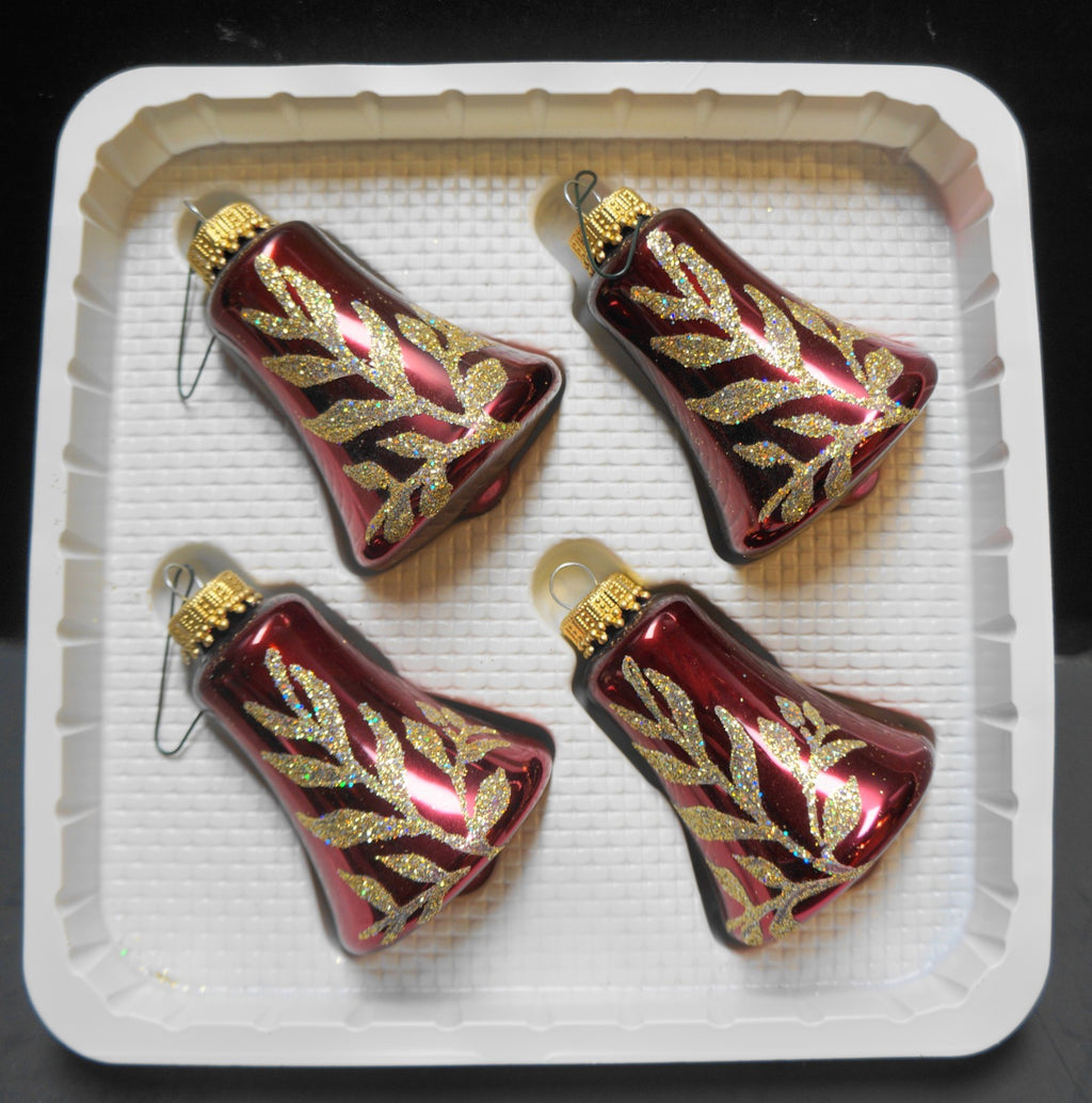 Deep Red Glass Bell Ornaments Gold Glitter Hand Decorated Set of 4