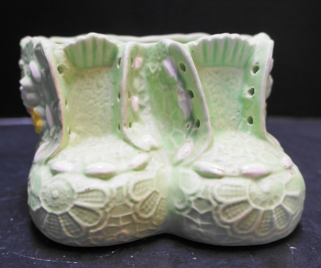 Green Lace Embossed Flowers Baby Bootie Planter Pot Japan