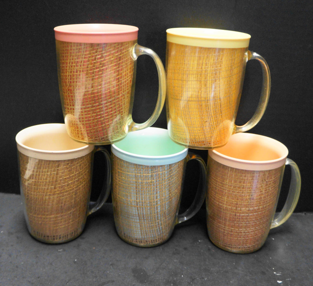 Raffia Ware Burlap Thermo Insulated Mugs Set of 5 Pink Yellow Green Peach Beige