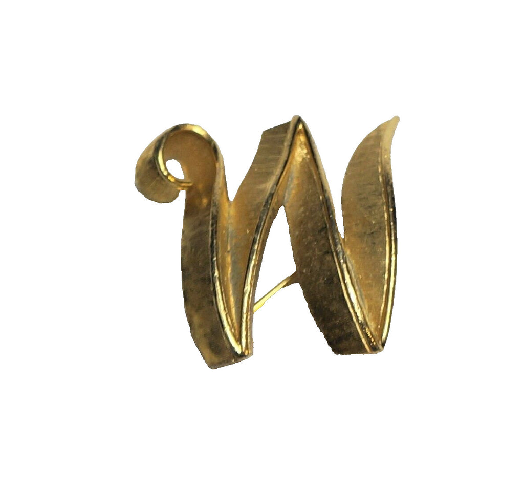 Crown Trifari M or W Initial Brushed Gold Tone Pin Brooch