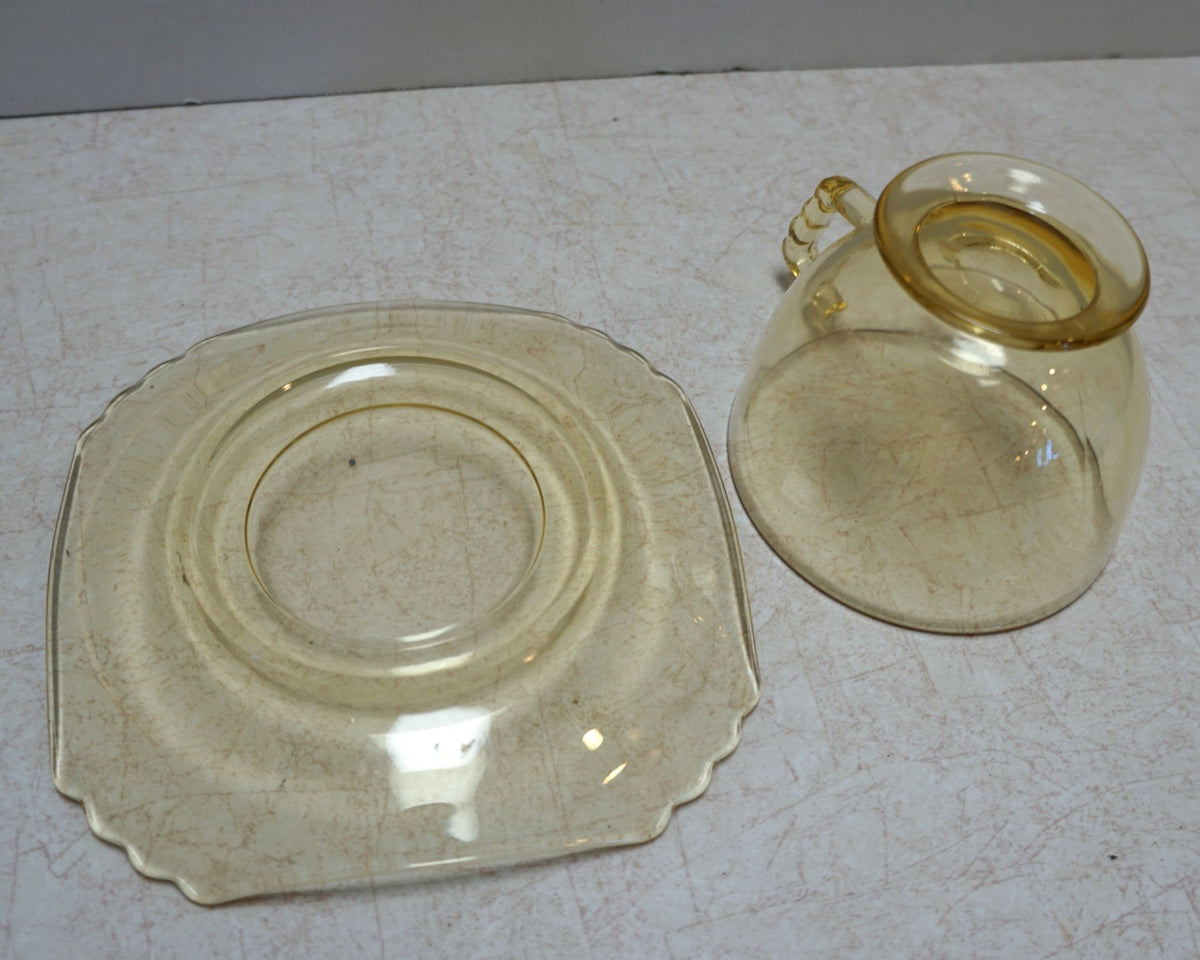 Fostoria Mayfair Topaz Yellow Depression Glass Cup and Saucer