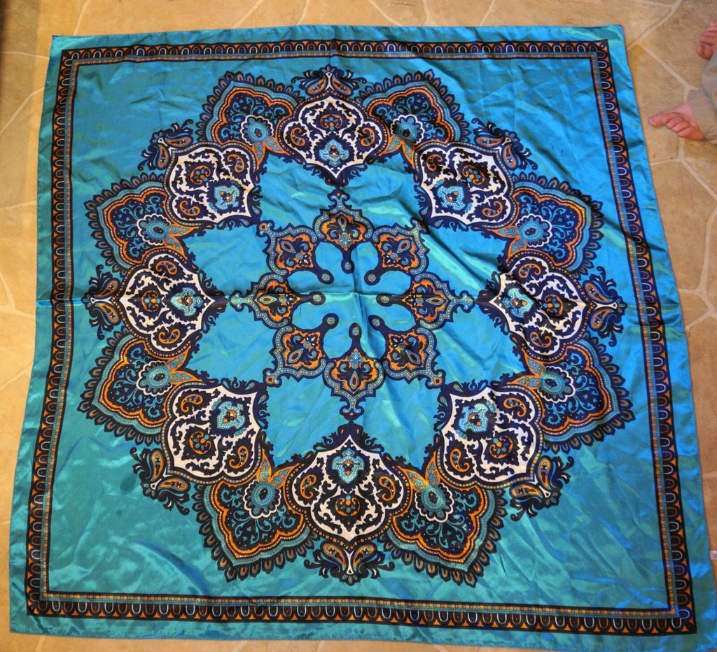 Corciova Teal 35 x 35 Scarf Silk Feel Polyester Moroccan Tile Medallion Print