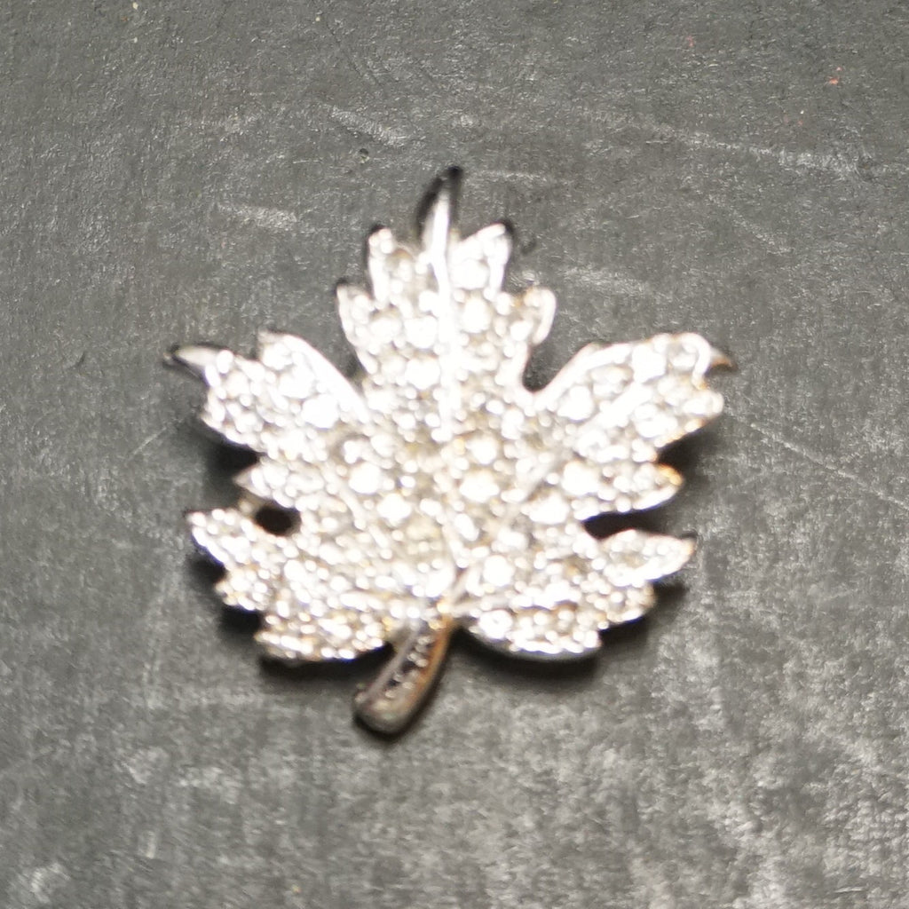 Rhodium Plated Silver Tone Clear Rhinestone Maple Leaf Pin Brooch Small